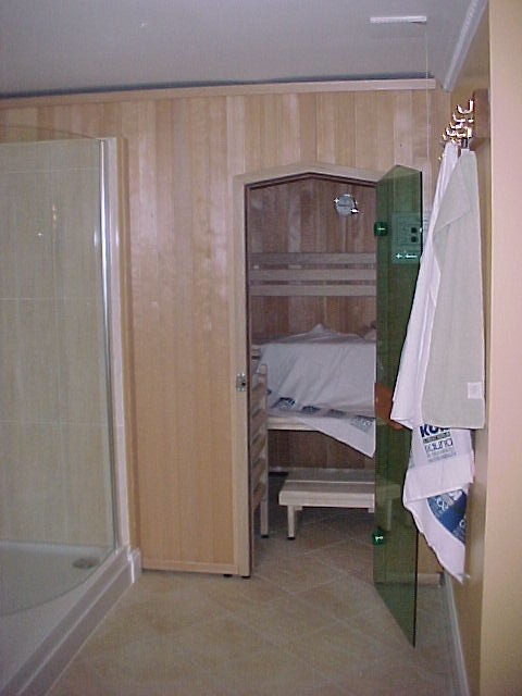 Koll-Comfort-Sauna im Badezimmer mirt Au�enansicht in Hemlock